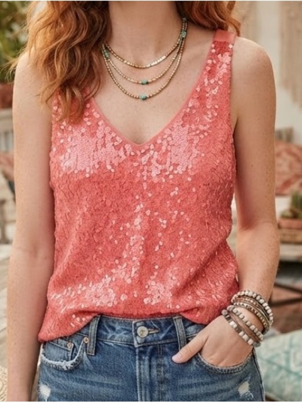 J.Crew Coral Shimmer Sequin V-Neck Sleeveless Party Tank Top Blouse Small